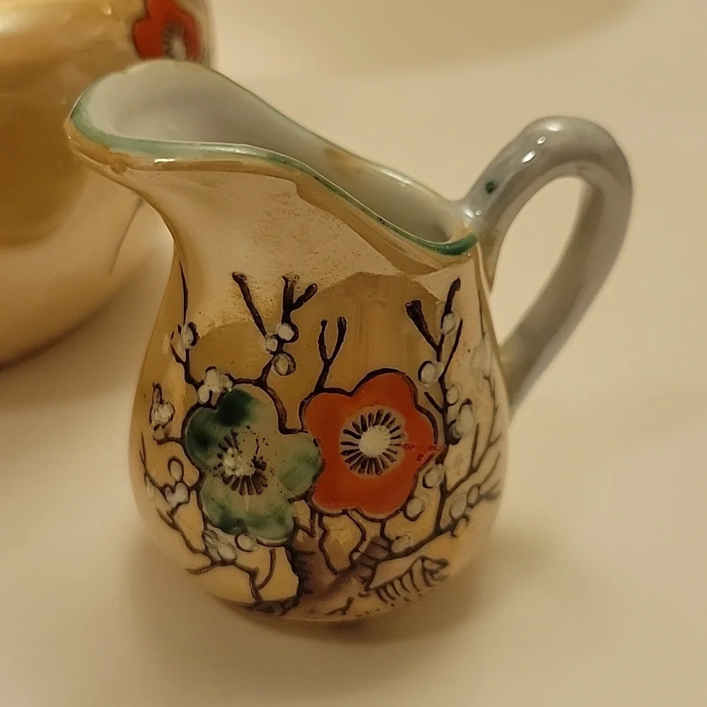 Vintage Japanese Hand Painted Floral Teapot And Pitcher.  Bamboo Handle. - Picture 6 of 10